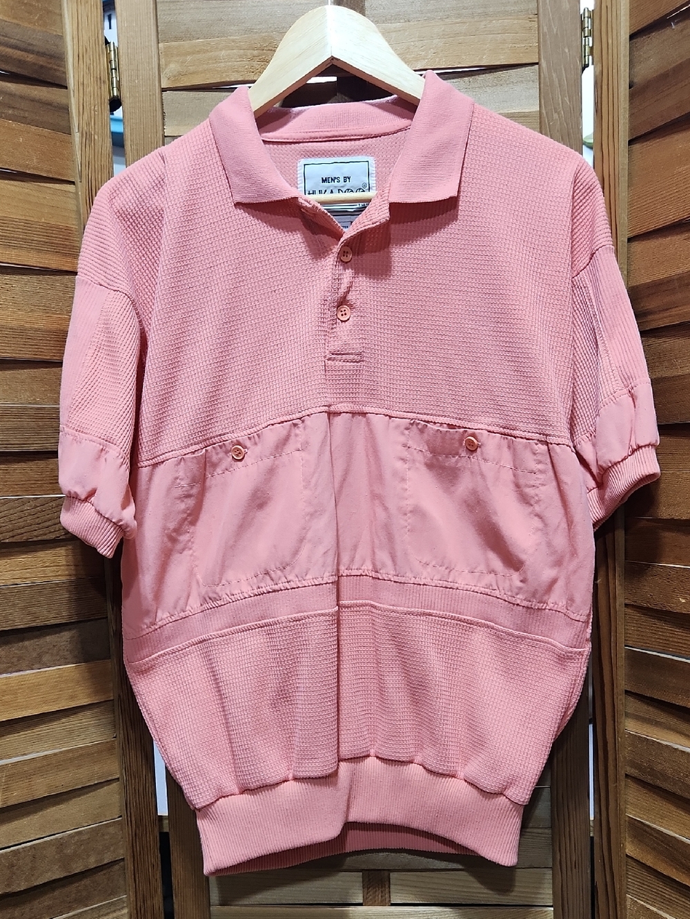 Huk-A-Poo Coral Waffle Pattern Textured Polo Shirt Men L Cotton Polyester